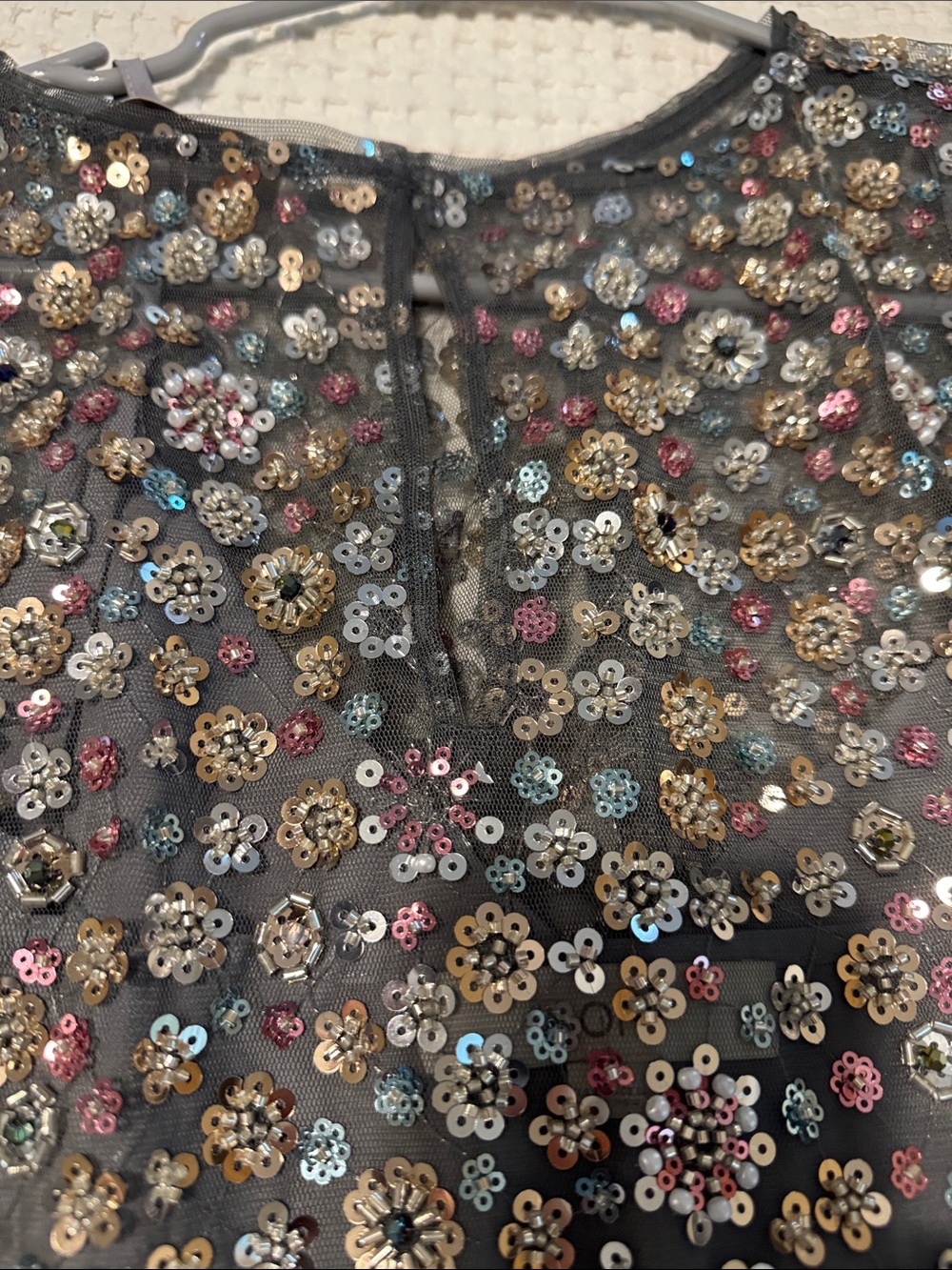LOFT Gray Mesh Sequin Floral Top - Picture 5 of 5